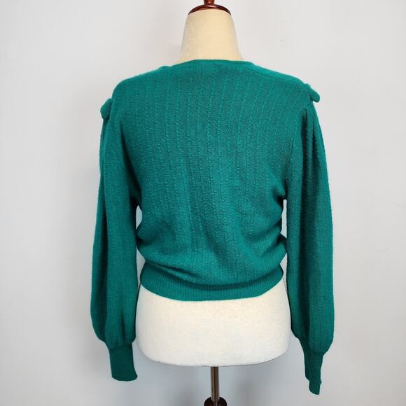 Vintage Sideffects Sweater Size M Green Pearl Buttons Balloon Sleeve Deep Neck - Picture 5 of 16